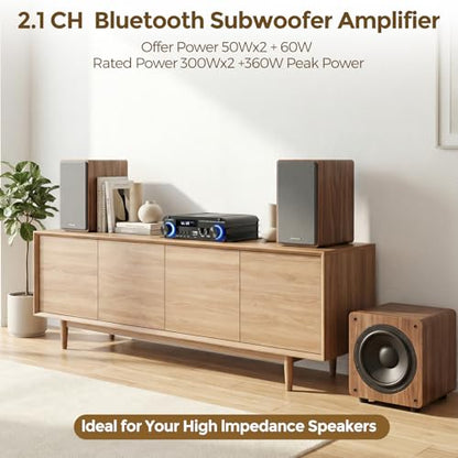 Romicta 2.1 Channel Stereo Audio Amplifier, 300Wx2+360W Home Audio Stereo Receiver Bluetooth 5.0 with USB/AUX, Remote, Bass Treble & Sub Control, for Active/Passive Subwoofer & Speaker