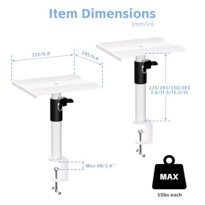 suptek Clamp-on Speaker Stand Desk Mount Set, Height Adjustment, Swivel, 9.6 x 8.8 inch Trays, Universal Audio Holders for Computer and Bookshelf Speakers, Elevated Sound, 2 Pack, White, SDM001GW - color: White, size: Fixed Speaker Stands