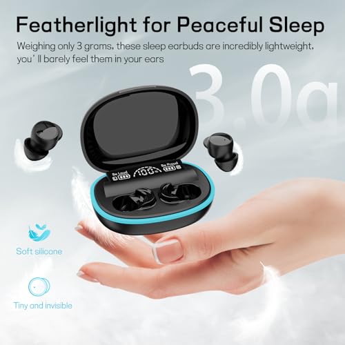 Sleep Earbuds for Side Sleepers, Mini Invisible Bluetooth Earbuds, Ultra-Light Sleep Headphones HiFi Sound, Long Battery Life, LED Display, Bluetooth 5.4, ANC Noise Cancelling, Black