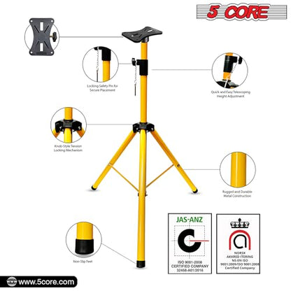 5 Core Speaker Stand Pair Universal Mount Steel Construction 132 Lb Capacity Stable Tripod w/Adjustable Height 72” w 35mm Compatible Insert Metal Safety Pin Included Bag - color: Yellow