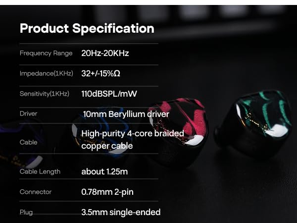 Linsoul Kiwi Ears Cadenza 10mm Beryllium Dynamic Driver IEMs, Purple | with 3D-Printed Shell, Audiophile Sound Balance, Detachable 0.78 2pin 3.5mm IEM Cable for Music Enthusiasts Musicians - color: Purple