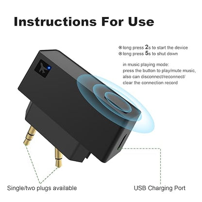 Airplane Bluetooth Adapter for Wireless Headphones and Any 3.5mm Aux Jack on Airplane, Bluetooth 5.0 Transmitter Receiver Fits for TV, iPad, Speaker, Gym, Foldable Single/Double Gold Plug (Micro USB)
