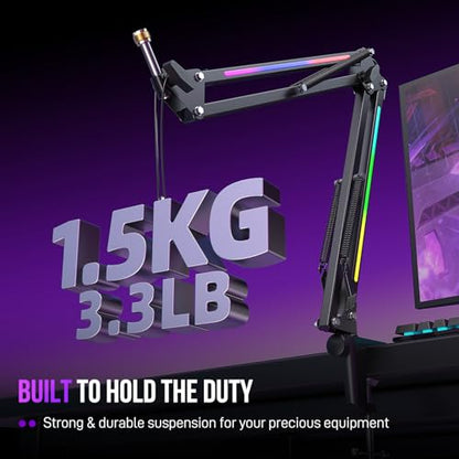 FIFINE Microphone Boom Arm, Metal Adjustable Mic Arm Stand with RGB Control, 3/8” to 5/8” Screw Adapter, Desk Mount Clamp, Suspension Scissor Mic Stand for Gaming Streaming Podcast-AmpliGame BM38 | Gaming RGB Mic Arm, Desk Mount Clamp, 3/8” to 5/8” Screw
