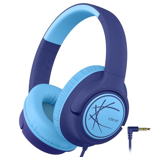 iClever 코드가 있는 아동용 헤드폰, 오버 이어 남아 여아 학교 여행용 | SafeSound Tech, 스테레오 사운드, 접이식, 조절 가능, 3.5mm 잭, 내구성, 학교용 경량 아동용 헤드폰, 네이비 블루 - color: E-네이비 블루