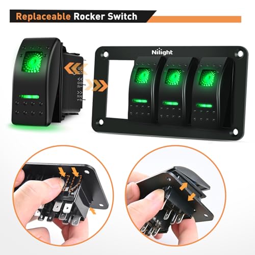 Nilight 4 Gang Rocker Switch Panel SPST On Off Toggle with DIY Label Sticker | 5PIN Electrical 12V/20A 24V/10A Aluminum Plate with Pre-Wired Jumper Wires for LED Light Bar RV Boats 4X4 Cars Green - color: Green, size: 4 Gang