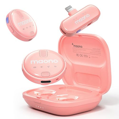 MAONO Wireless-Lavalier-Microphone for iPhone iPad, Wireless Lapel Mic with 48KHz/16Bit, Noise Cancellation, 328ft Range, 18H Battery for TikTok, YouTube, Vlogging, Video Recording, Streaming (Pink)