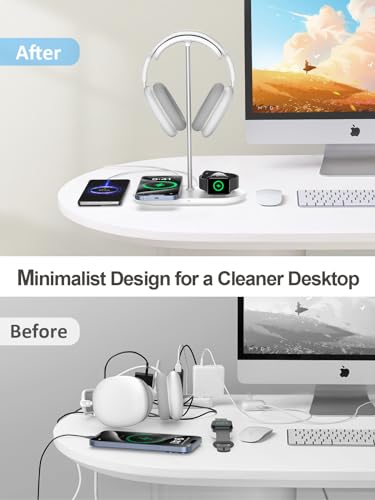TopMade 5-in-1 Headphone Stand for Desk with Wireless Charger & USB Charger for iPhone/AirPods/iWatch/Samsung, Universal Desktop Headset Stand for AirPods Max, Bose, Beats and More, White