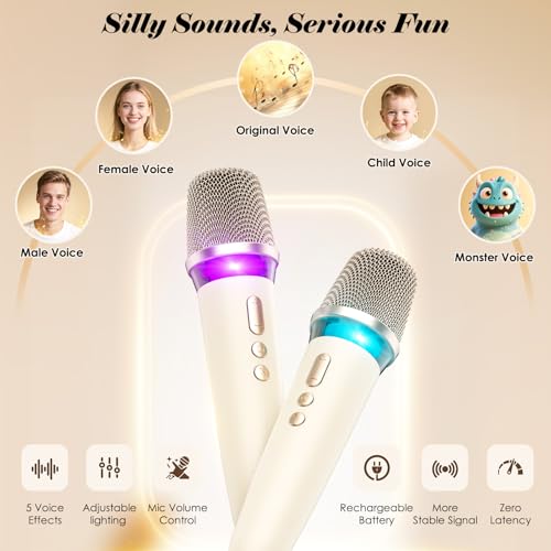 Karaoke Machine with 2 Wireless Mics & Soft Leather Wrap |mini Portable Bluetooth Speaker with 5 Voice Changer Modes for Home Party, AUX/USB/TF Support, for Kids and Adults