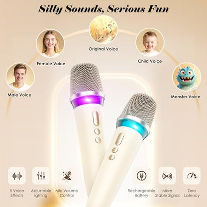 Karaoke Machine with 2 Wireless Mics & Soft Leather Wrap |mini Portable Bluetooth Speaker with 5 Voice Changer Modes for Home Party, AUX/USB/TF Support, for Kids and Adults