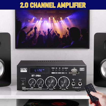 Facmogu BT-398A 스테레오 디지털 오디오 앰프, 최대 450Wx2 HiFi 사운드 오디오 파워 앰프 시스템, 홈 시어터 차고용 2.0 채널 수신기 앰프, 섬유/구리 잭 포함, USB/SD/AUX/RCA/MIC in 에코 포함 - style: 최대 450Wx2