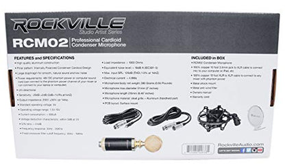Rockville RCM02 Studio Recording Condenser Mic with Metal Shock Mount | Cardioid, 16mm Diaphragm, Aluminum Body, 48V Phantom Power, XLR and 3.5mm Cables Included, Anti-Wind Cap