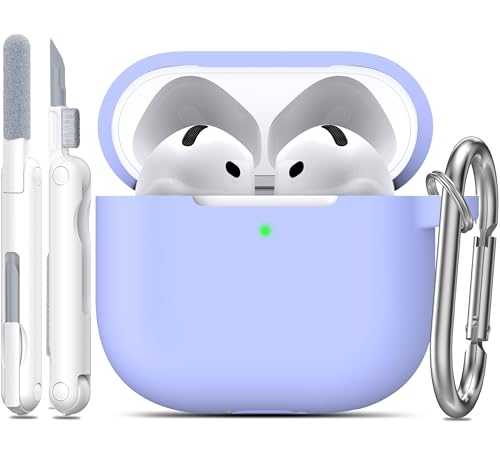 RFUNGUANGO for AirPods 4 Case, Lilac | Cleaner Kit, Carabiner, Soft Silicone Protective Cover, Wireless Charging Compatible - color: B-Lilac, size: AirPods 4 Case