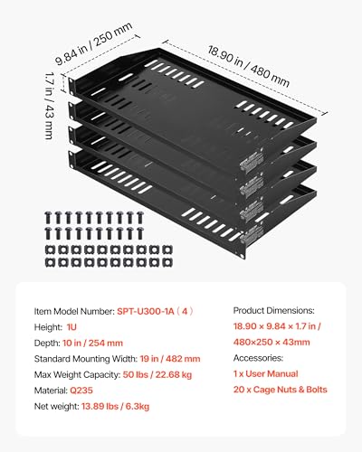 VEVOR 4PCS 1U Server Rack Shelf, Universal Vented Rack Mount Cantilever Tray for 19" Network Equipment Rack & Cabinet, 10" Deep Rack Mount Shelf - size: 1U-4PCS