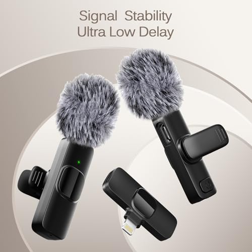 Professional Wireless Lavalier Lapel Microphone for iPhone, iPad, Mini Video Recording Mic for Interview Video Podcast Vlog YouTube & Livestream, Noise Reduction, Plug & Play ，2 Pack (Lightning Port)