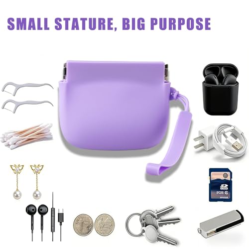 2-Pack Silicone Earbud & Cable Organizer Case with 2 Cord Winders, Pop-Open Storage Box for Headphones, Charging Cords, Small Accessories, Coin Purse – Blue & Purple
