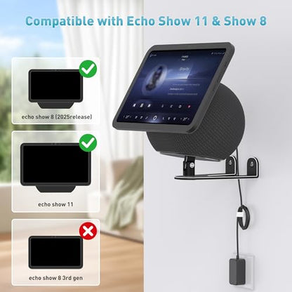 Wall Mount for Echo Show 11 & Show 8 2025, Swivel 360°, Black | Aluminum, Tilt 20~80°, Easy Install, Durable, Echo Show 11 Wall Mount for Kitchen, Adjustable Echo Show 11 Wall Mount - color: Black