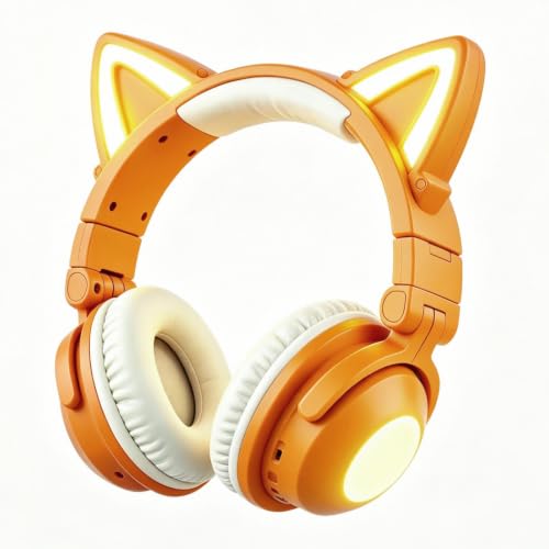 Cat Ear Headphones for Kids & Adults, LED Gaming Headset | Headphones Wired & Bluetooth Mode with Built-in Mic,Compatible with Phone/Laptop/PC/Tablet,Foldable Cute Headphones,Khaki - color: Khaki