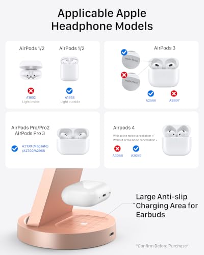 Anlmz 3 in 1 Charging Station for iPhone, Wireless Charger for iPhone 17 16e 16 15 14 13 12 11 X Pro Max & Apple Watch - Charging Stand Dock for AirPods (Rose) - color: Rose