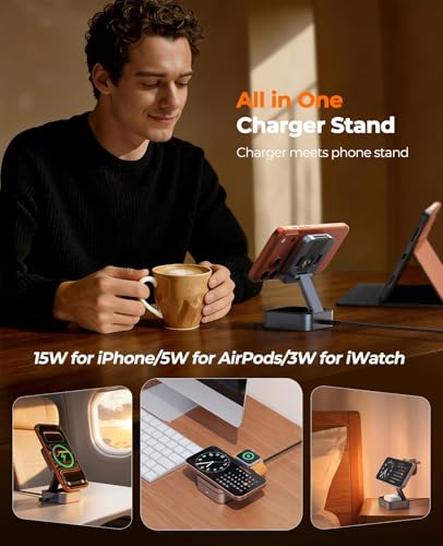 3 in 1 Wireless Charging Station for Apple Multiple Device, MagSafe Charger | Foldable Travel Compact, Charger Stand with 20W PD Adapter for iPhone 17/16/15/14/13, Apple Watch, AirPods Pro/4 - Space Grey