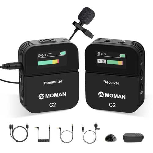 Moman C2 Wireless Lavalier Microphone, 2.4GHz Wireless Lapel Microphone System with Transmitter & 1 Receiver for DSLR Camera Phone Laptop Tablet Camcorder Vlogging Streaming Video(C2 Solo) - size: C2