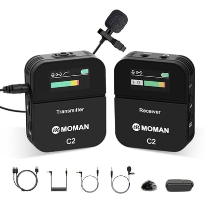 Moman C2 Wireless Lavalier Microphone, 2.4GHz Wireless Lapel Microphone System with Transmitter & 1 Receiver for DSLR Camera Phone Laptop Tablet Camcorder Vlogging Streaming Video(C2 Solo) - size: C2
