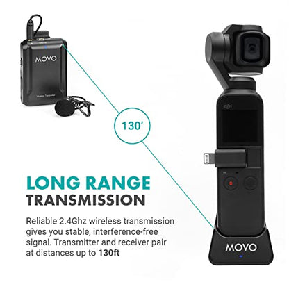Movo Edge-OP Wireless Lavalier Microphone for Osmo Pocket 1 and 2 - Wireless Clip-on Lapel Mic, Transmitter, and Receiver Set for Video, Vlogging, Filming