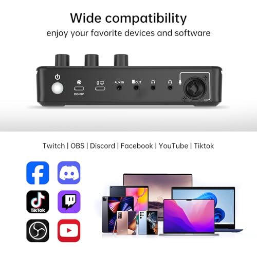 Gaming Audio Mixer, RGB Soundboard with Voice Changer & 6 Sound Pads, 48V Phantom Power, Bluetooth 5.0, USB-C Audio Interface for Live Streaming, Podcasting, Recording on PC/PS5/Phone