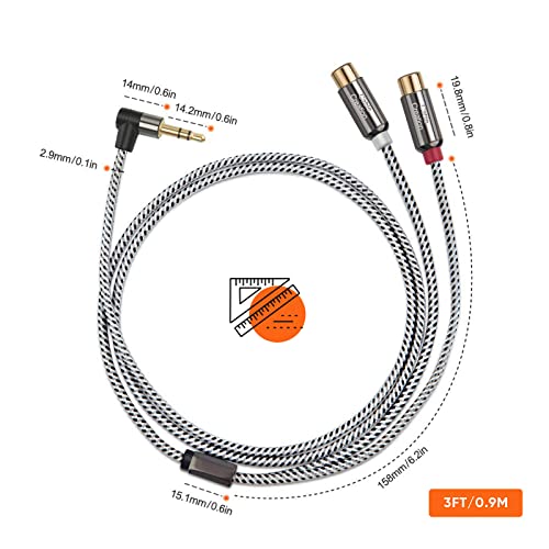 CableCreation 3.5mm to 2RCA Cable 3FT, 3.5mm Mini-Jack to RCA Audio Y Cable | Angle Male to Female Gold Plated Compatible with iPhone, iPod, MP3, Tablets, HiFi Stereo System, Speaker, 0.9m - size: 3FT, style: Angle 3.5mm Male to 2RCA Female