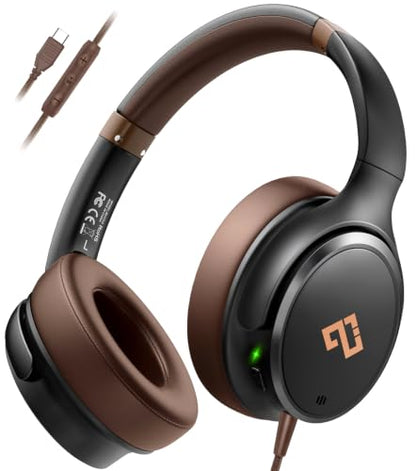 INFURTURE USB C Wired Headphones, Active Noise Canceling Over Ear HD MIC | Brown Headphones,Stereo Sound,Foldable & Portable for School/Travel,Compatible with iPhone,Laptop,Samsung,Adults/Teens Gift - color: Brown