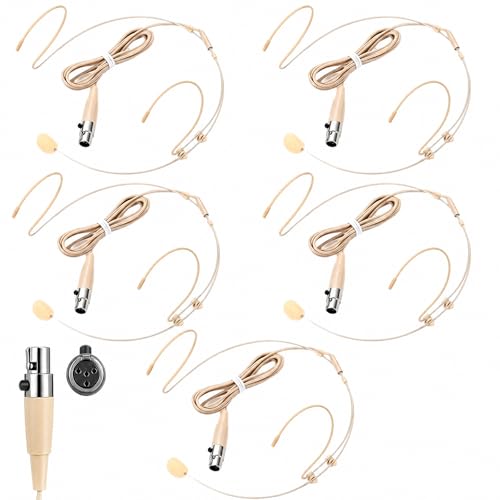 Sabary 5 Pcs Headset Microphone Dual Headworn Earset Over Ear Hanging with 4 Pin XLR 5ft Cable Compatible with Wireless System Bodypack Transmitter for Lectures Live Performance Theater(Beige)