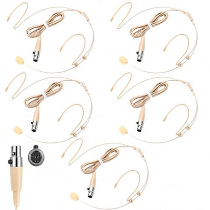 Sabary 5 Pcs Headset Microphone Dual Headworn Earset Over Ear Hanging with 4 Pin XLR 5ft Cable Compatible with Wireless System Bodypack Transmitter for Lectures Live Performance Theater(Beige)