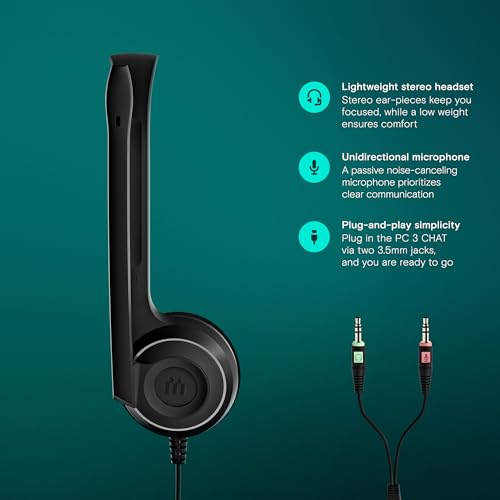 Sennheiser PC 3 Chat - Durable On-Ear Wired Headset - Noise Cancelling Microphone for Casual Gaming and Easy Connectivity - Lightweight Stereo Quality Sound - Great for Internet Telephony & E-Learners