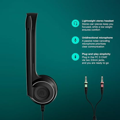 Sennheiser PC 3 Chat - Durable On-Ear Wired Headset - Noise Cancelling Microphone for Casual Gaming and Easy Connectivity - Lightweight Stereo Quality Sound - Great for Internet Telephony & E-Learners