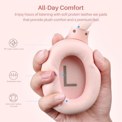 TOZO HT3 Hybrid Noise Cancelling Headphones, 90H Battery Life Wireless Over Ear Bluetooth 6.0 Foldable Headset, AI Voice Assistant with 5 Mics, Connect 2 Devices and Hi-Res Sound, 32 EQ Audio Presets - color: Titanium Pink