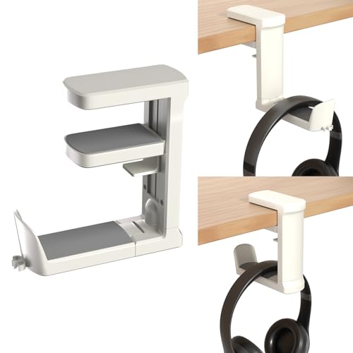 Headphone Holder Adjustable Clamp-on Headphone Hook | Under Desk Gaming Headset Holder Mount Hook with Rotating Clamp (White) - color: White