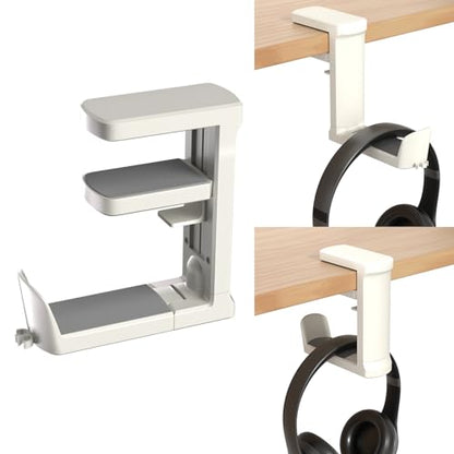 Headphone Holder Adjustable Clamp-on Headphone Hook | Under Desk Gaming Headset Holder Mount Hook with Rotating Clamp (White) - color: White