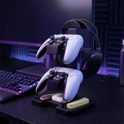 Gaming Equipment Headset Stand with Dual Controller Organizer Rack & Storage Base, Headphone Stand Gamer Gifts for Men Teenage Boy, Unique Gifts for Gamers to Organize Gaming Accessories (Black Wood)