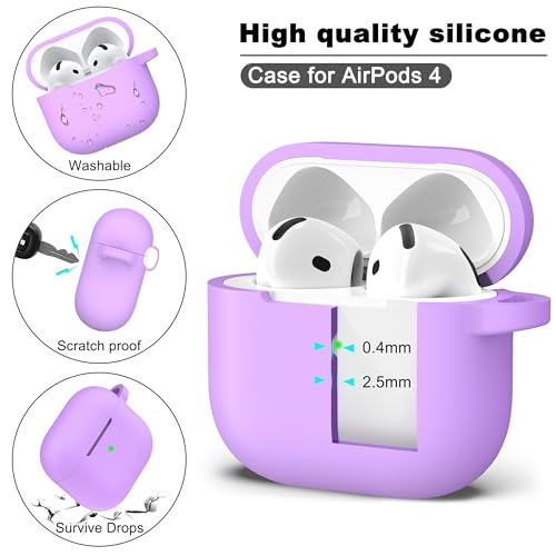 for AirPods 4th Case Cover with Cleaner Kit, Soft Skin Silicone Case Cover with Keychain, Full Protective Case for Men and Women, Compatible with Apple Latest AirPods 4 Case 2024, Lavender - color: C Lavender