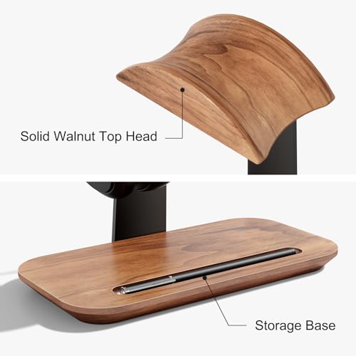 UPERGO Walnut 헤드폰 스탠드, 책상용 우드 헤드셋 스탠드, 게임, 에어팟 맥스, 보스, 레이저용 보관 베이스가 있는 범용 헤드폰 홀더 | 단단한 월넛 및 알루미늄, 미끄럼 방지 베이스, 게이밍 헤드셋 및 에어팟 맥스용 범용, 추가 보관 트레이