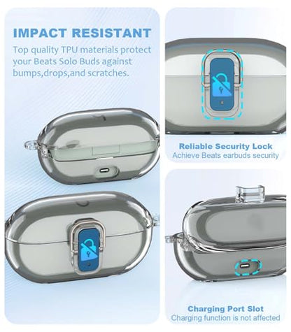 [Upgrade Secure Lock] for Beats Solo Buds 2024 Case Cover with Cleaner Kit, AGENTNANO Clear TPU Shockproof Protective Cover Compatible with Beats Solo Buds Charging Case with Carabiner-Clear - color: Clear