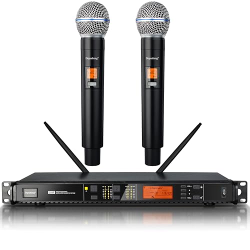 Depusheng Wireless Microphones System with 2 Channels Cordless Handheld Microfono Inalambrico, 200FT UHF Range, Mics with Stable Signal Transmission for Karaoke Singing Party Church Wedding PA Speaker