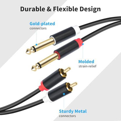 Dual 1/4 TS to Dual RCA Stereo Audio Interconnect Cable 16FT, Gold Plated Copper Shell Heavy Duty 2X6.35mm Male TS to 2 RCA Male Adapter Cable - size: 16FT
