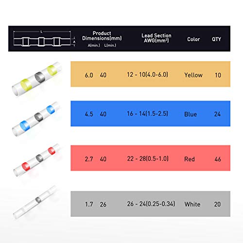 Nilight - 50025R 50pcs Solder Seal Wire Connector, Solder Seal Heat Shrink Butt Connectors,Electrical Waterproof Insulated Marine Automotive Copper(23Red 12Blue 10White 5Yellow),2 Years Warranty - color: Yellow, Blue, Red, White.