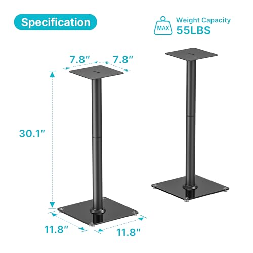 Speaker Stands Pair, 30" Fixed Height, 55lbs Weight Capacity, Glass Base | 11.8" Base, Cable Management, Freestanding Speaker Floor Stand for Surround Sound, Tempered Glass Base