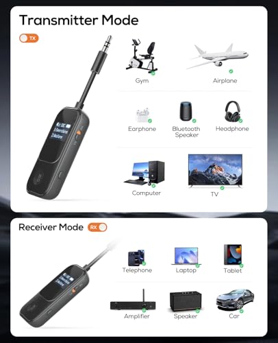 Nulaxy 2-in-1 Airplane Bluetooth Transmitter Receiver Adapter with Screen, 3.5mm AUX Supports 2 Headphones/AirPods, Qualcomm Chip Low Latency, 20H Playtime for TV Car Treadmill Home Stereo, Black - color: Black