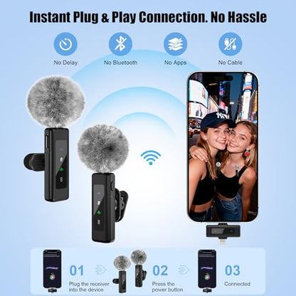 Wireless Mini Microphone for iPhone, Android - 2 Pack Lavalier Microphone for Video Recording,Clip-on Mics Content Creator Microphones for YouTube Tiktok Podcast Vlogging