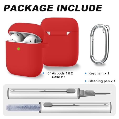 for AirPods 1/2 Case Cover,Come with Cleaner Kit,Soft Skin Silicone Case Cover with Keychain,Full Protective Case for Men and Women,Compatible with AirPods 2nd 1st Generation Case,Red - color: B1-Red