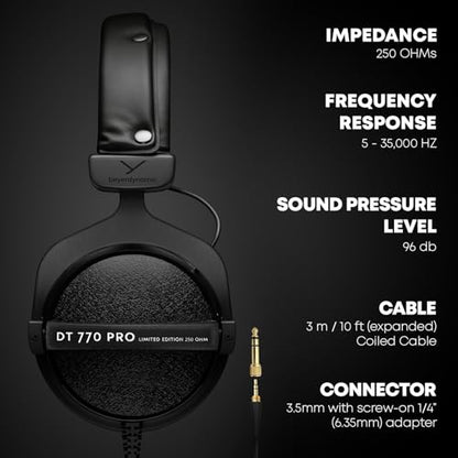 beyerdynamic DT 770 PRO, 250 Ohm, Closed Back, Over Ear, Wired Professional Studio Headphones, Audio Monitors, Audiophile, 3m Coiled Cable, Black with Limited Edition Black Velour Ear Pads | Closed Back, Over Ear, Wired Professional Audio Monitors, Audiop