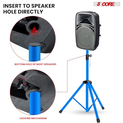 5 Core Speaker Stand Universal Mount Steel Alloy Construction 132 Lbs Capcity Stable Tripod w/Adjustable Height 36” w 35mm Compatible Insert Metal Safety Pin Blue