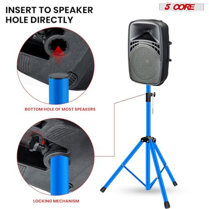 5 Core Speaker Stand Universal Mount Steel Alloy Construction 132 Lbs Capcity Stable Tripod w/Adjustable Height 36” w 35mm Compatible Insert Metal Safety Pin Blue